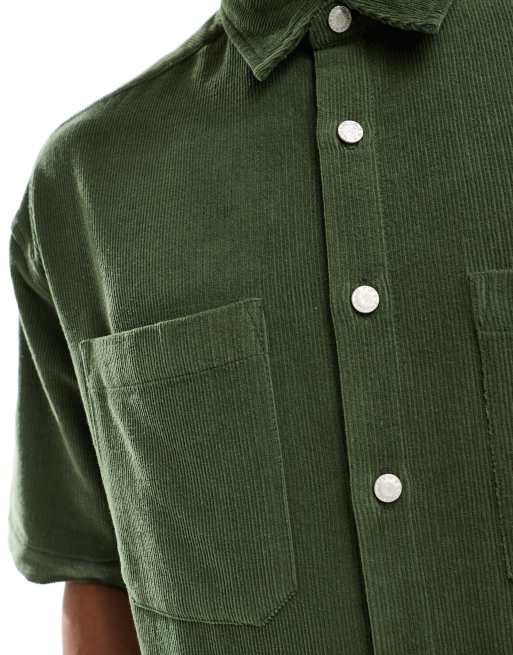 ASOS DESIGN short sleeve 90s oversized cord shirt in dark green, 3 of 4