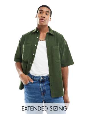 Asos Design Short Sleeve 90s Oversized Corduroy Shirt In Dark Green