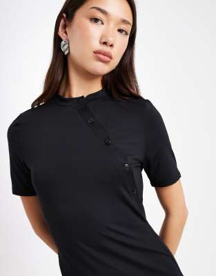 Asos Design Short Sleeve Asymmetric Button Up Midi Dress In Black