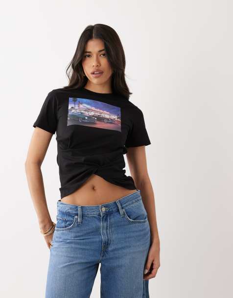 ASOS DESIGN short sleeve asymmetric hem t-shirt with distressed motel graphic in black - view 1