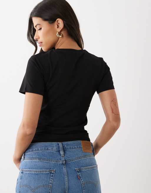 ASOS DESIGN short sleeve asymmetric hem t-shirt with distressed motel graphic in black, 4 of 4