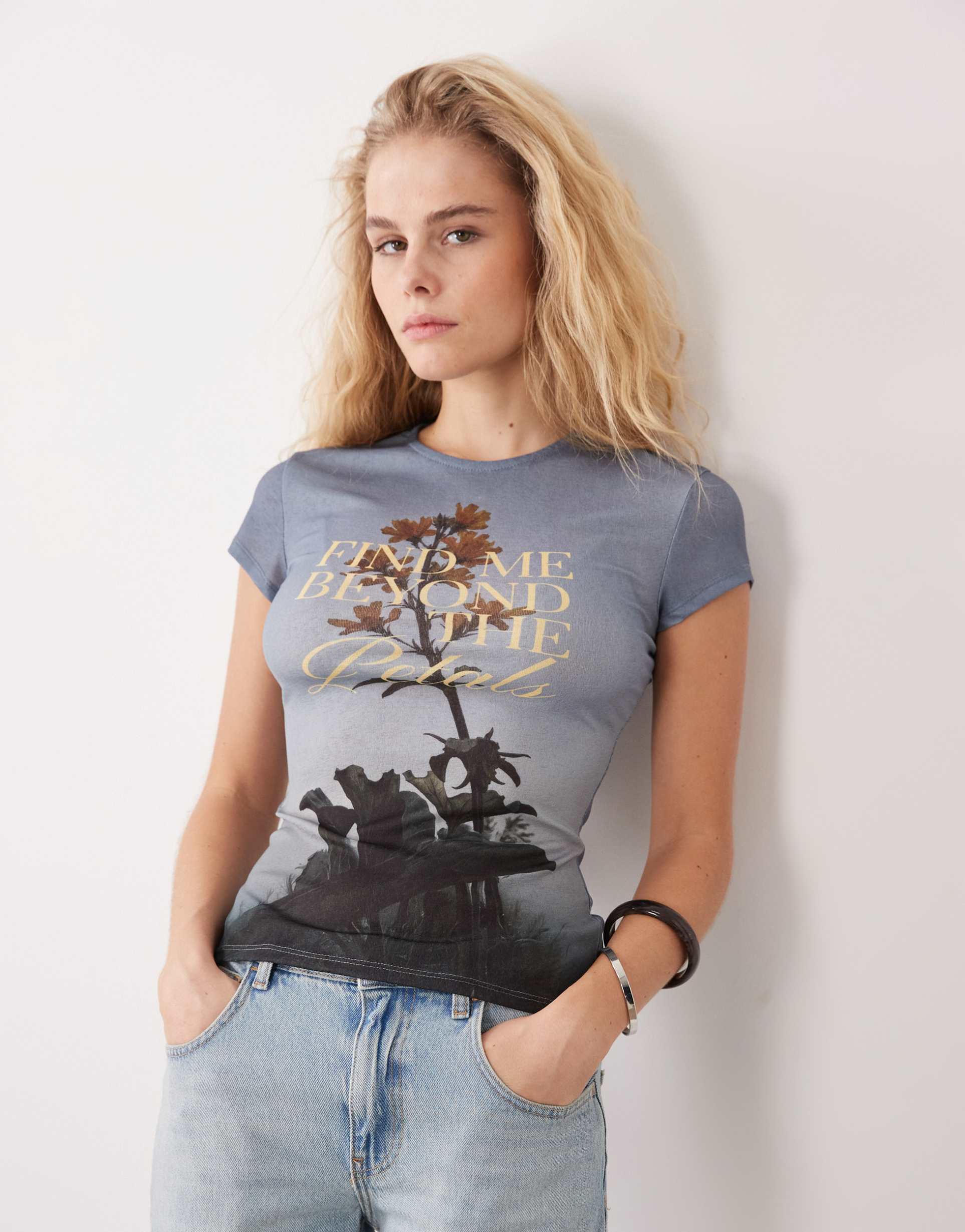 asos design short sleeve baby tee in blue with graphic