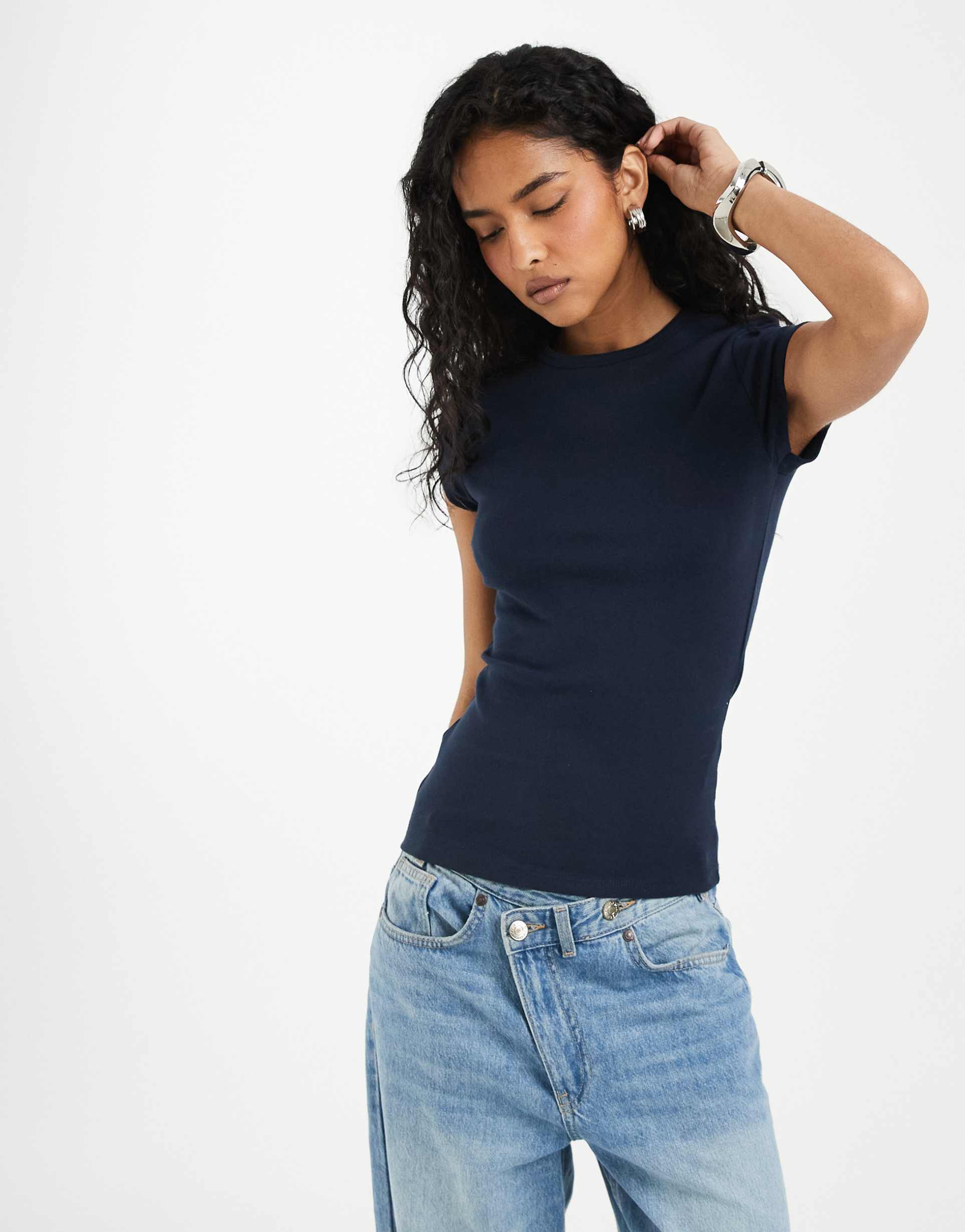 asos design short sleeve baby tee in navy