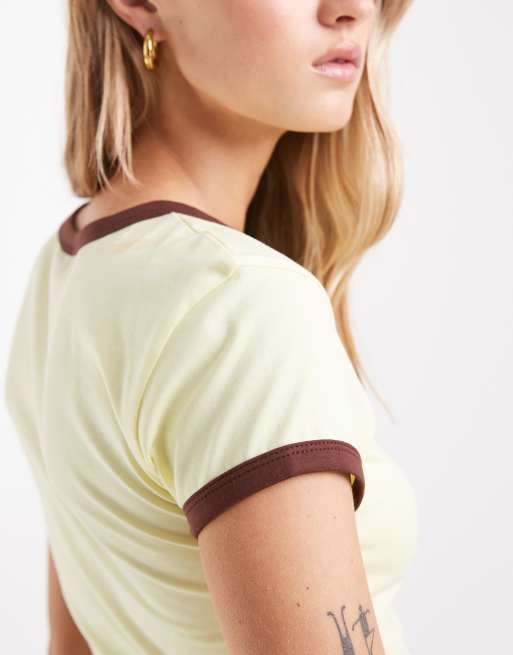 ASOS DESIGN short sleeve baby tee with contrast ringer in buttermilk yellow and brown, 4 of 4