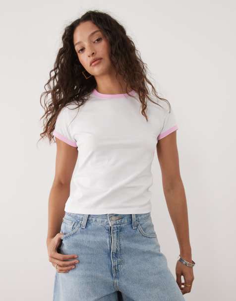 ASOS DESIGN short sleeve baby tee with contrast ringer in white and light pink