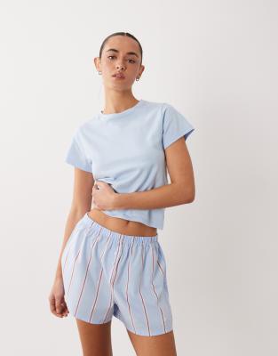 ASOS DESIGN short sleeve baby tee & woven stripe short set with lace detail in blue