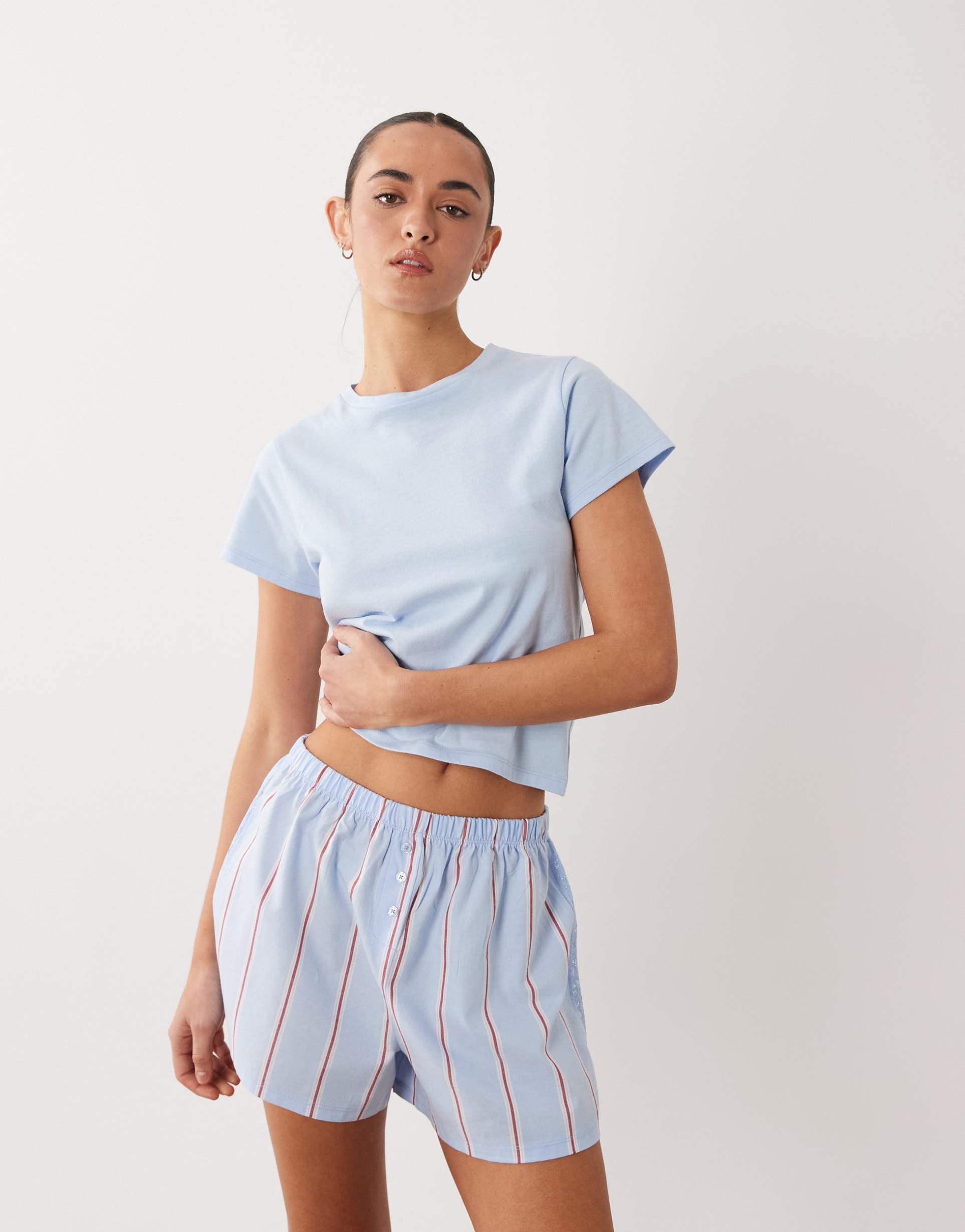 asos design short sleeve baby tee & woven stripe short set with lace detail in blue