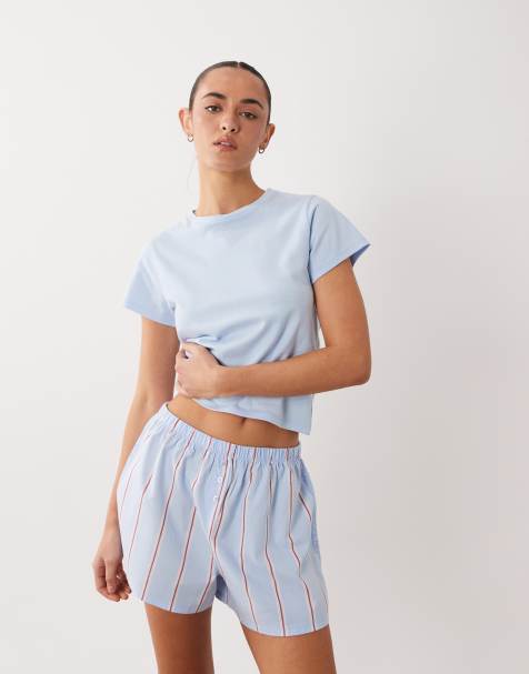 ASOS DESIGN short sleeve baby tee & woven stripe short set with lace trim in blue - view 1