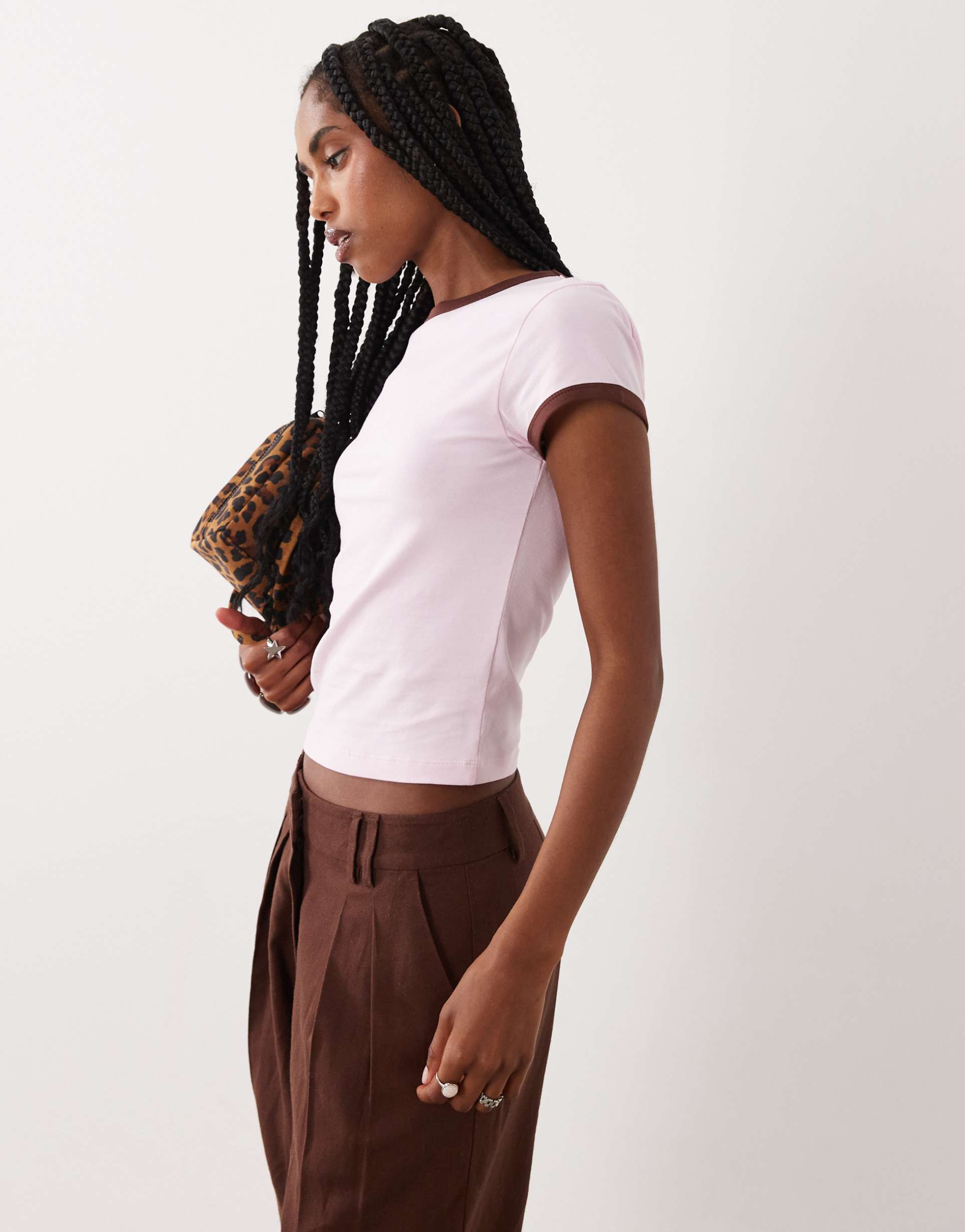 asos design short sleeve baby top in baby pink and chocolate