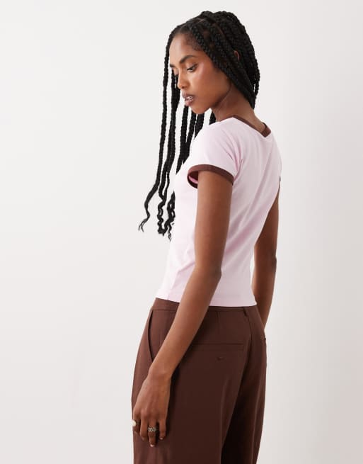 ASOS DESIGN short sleeve baby top in baby pink and chocolate, 2 of 4