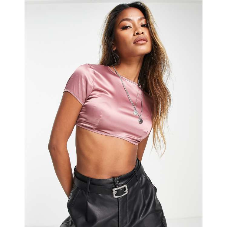 Short Sleeve Polo Collar Cropped T-Shirt with Curve Hem and UNIQUE Print  and Corset Details (