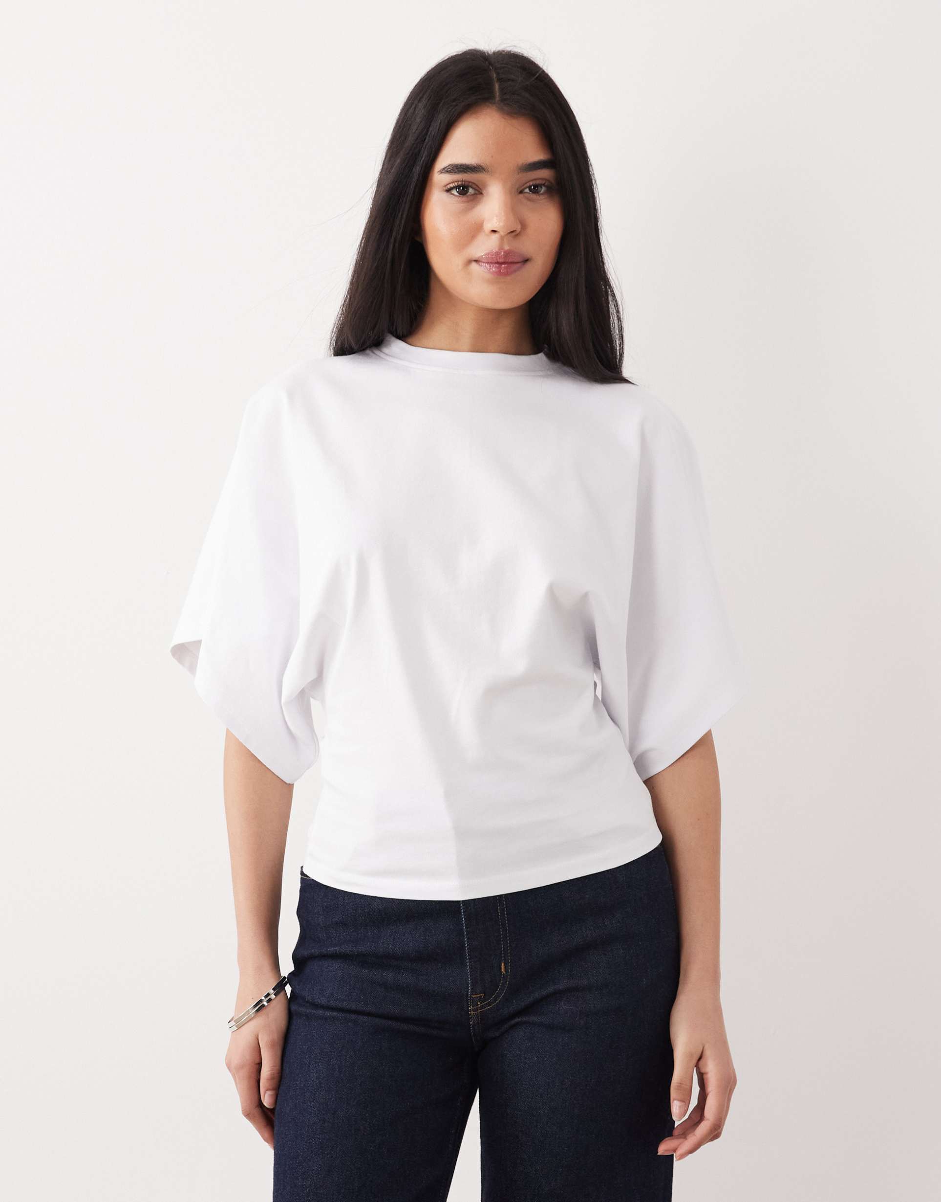 asos design short sleeve batwing cinched waist top in white