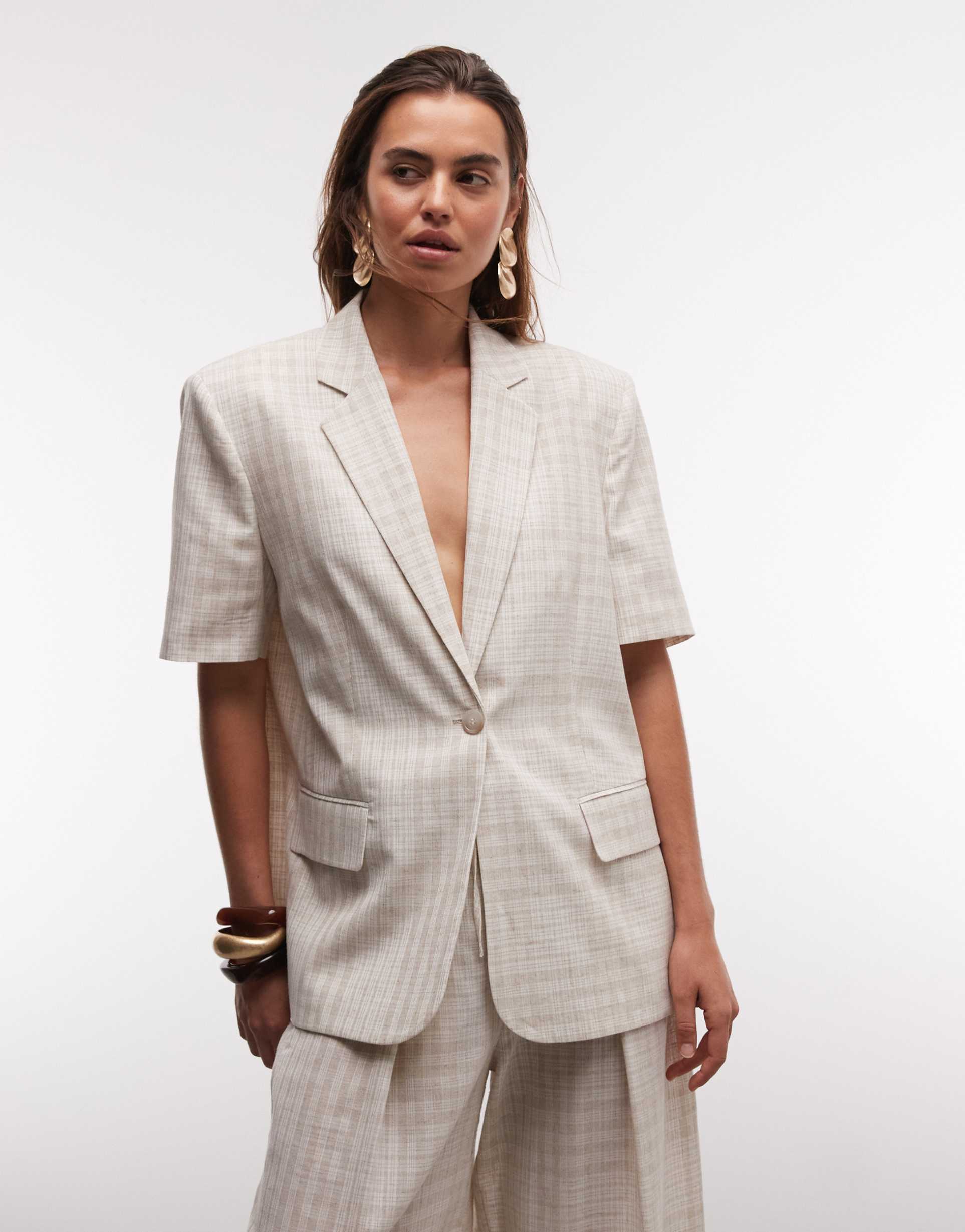 asos design short sleeve blazer in beige plaid - part of a set