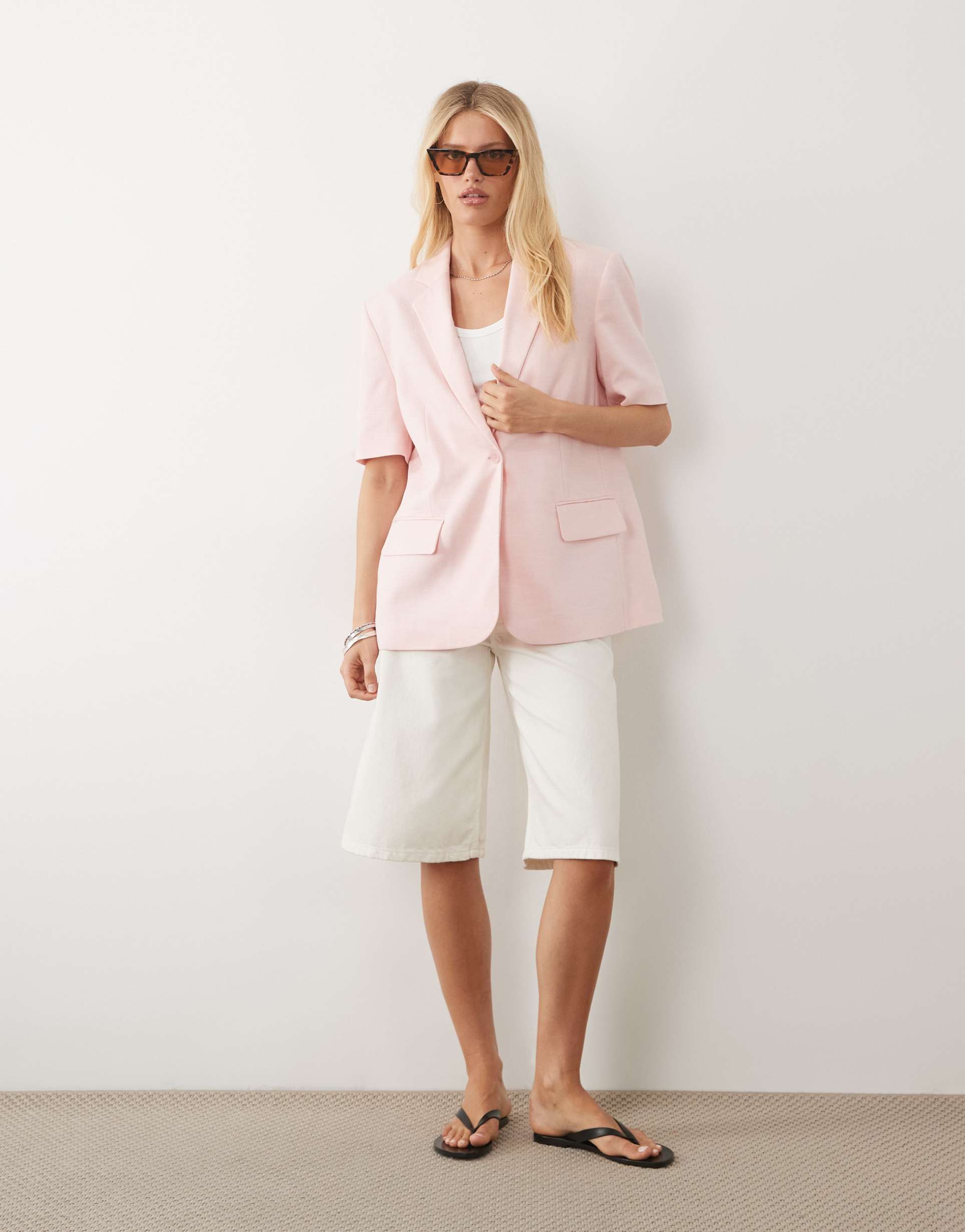 asos design short sleeve blazer in pink - part of a set
