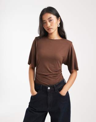 Asos Design Short Sleeve Bodysuit With Shoulder Pads In Brown
