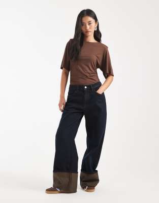 Asos Design Short Sleeve Bodysuit With Shoulder Pads In Brown