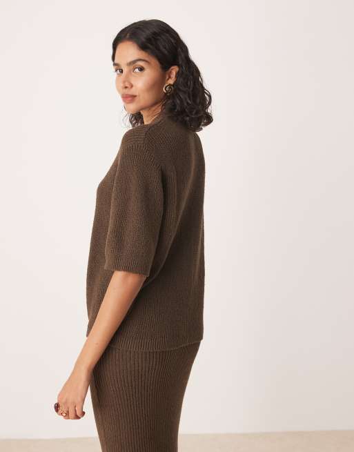 ASOS DESIGN short sleeve boucle cardigan co-ord in chocolate, 2 of 4