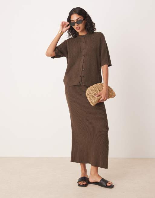 ASOS DESIGN short sleeve boucle cardigan in chocolate - part of a set