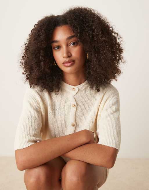 ASOS DESIGN short sleeve boucle cardigan in cream, 2 of 4