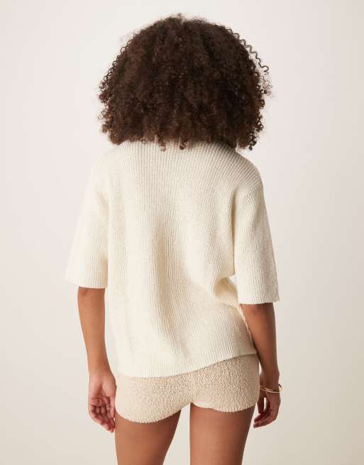 ASOS DESIGN short sleeve boucle cardigan in cream, 4 of 4