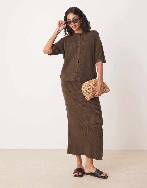 ASOS DESIGN short sleeve boucle cardigan & knit boucle midaxi skirt set in chocolate - view 1