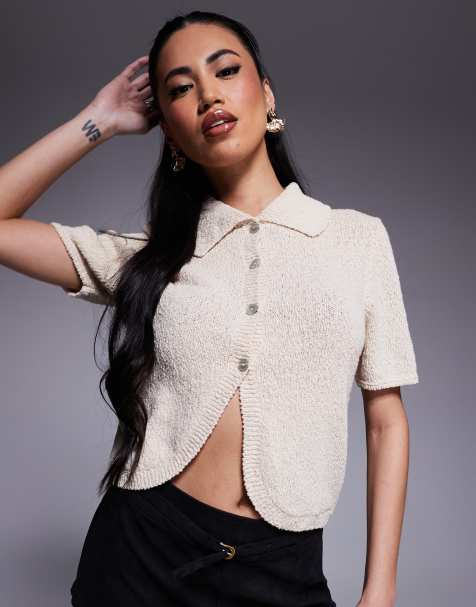 ASOS DESIGN short sleeve boucle cardigan with curved hem in ecru - view 1
