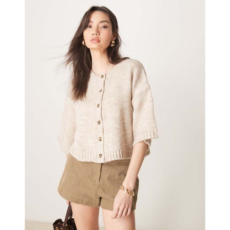 AMERI ROUND SHORT KNIT CARDIGANアイボリー Short Puff Sleeve Knit Cardigan – English Factory