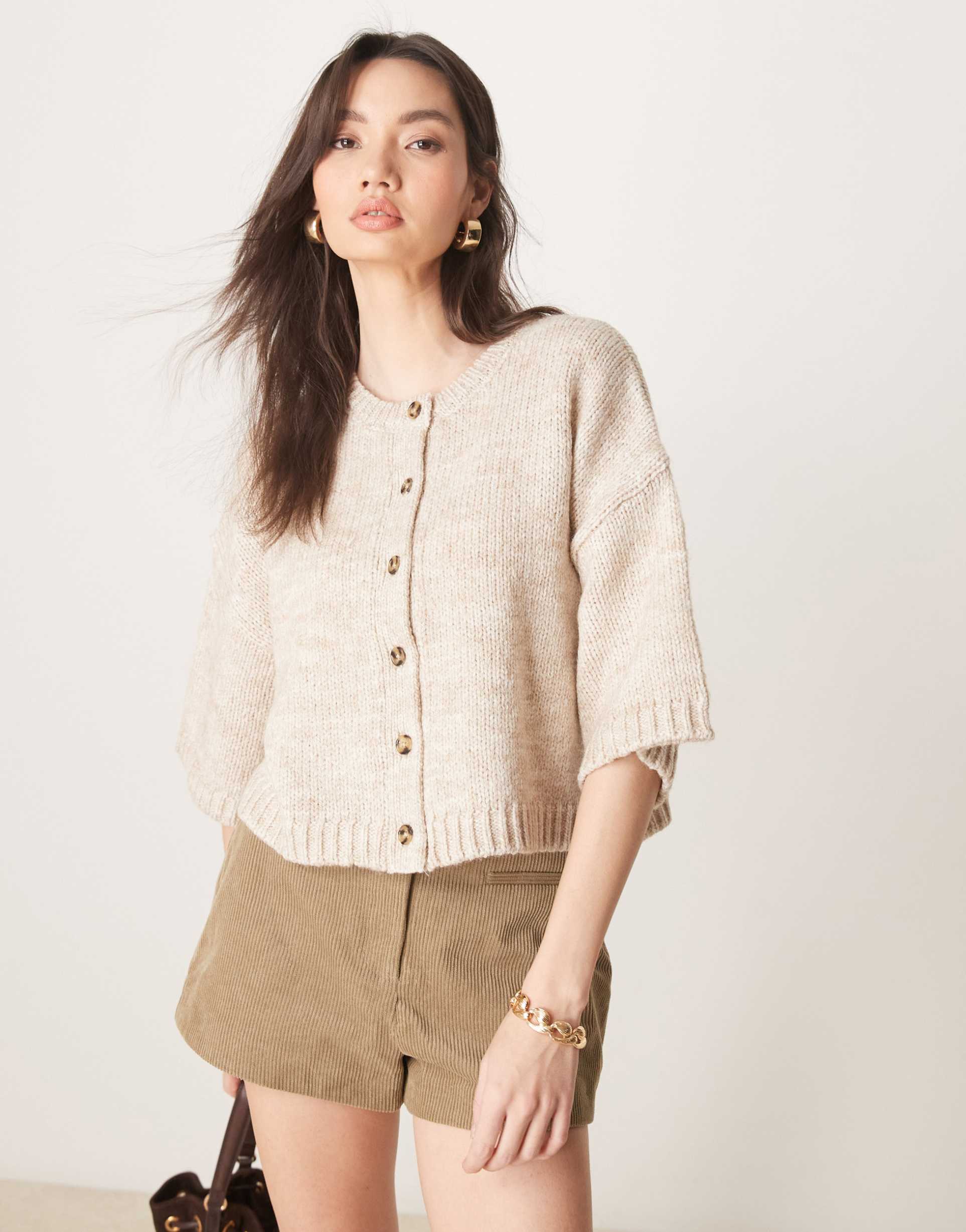 asos design short sleeve boxy cardigan in oatmeal