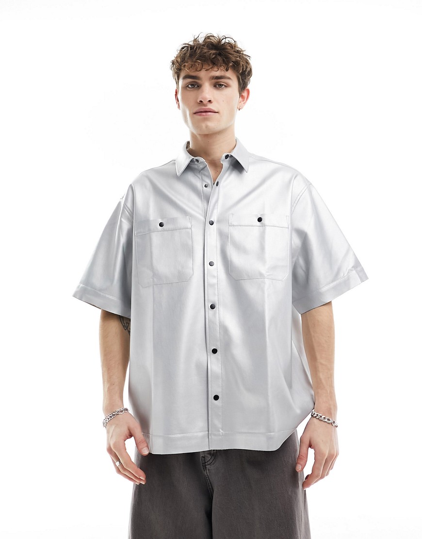 Asos Design Short Sleeve Boxy Faux Leather Shirt In Silver