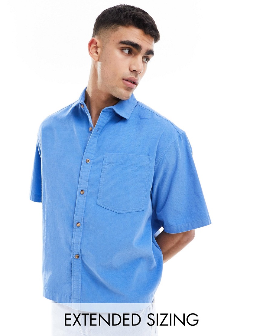ASOS DESIGN short sleeve boxy oversized cropped shirt in cord in blue