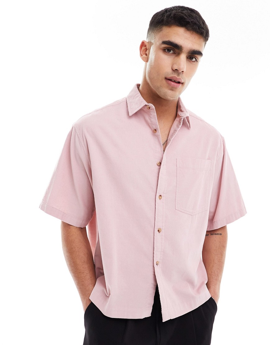 Asos Design Short Sleeve Boxy Oversized Cropped Shirt In Cord In Light Pink