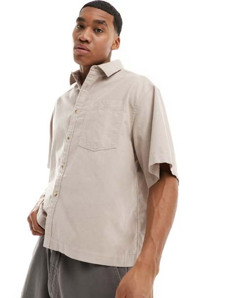 ASOS DESIGN short sleeve boxy oversized cropped shirt in cord in stone - view 1
