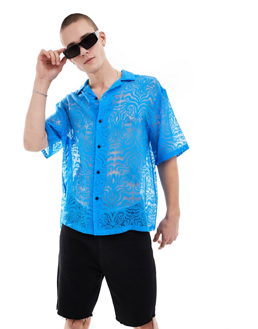 ASOS DESIGN short sleeve boxy oversized deep revere wavy burnout shirt in bright blue