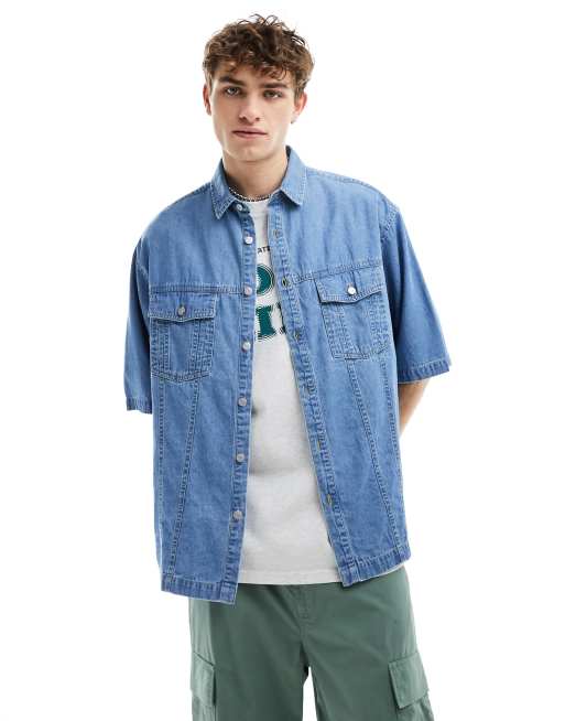 ASOS DESIGN short sleeve boxy oversized denim shirt in washed blue | ASOS