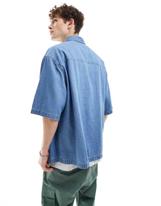 ASOS DESIGN short sleeve boxy oversized denim shirt in washed blue 