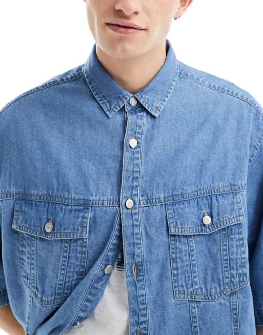 ASOS DESIGN short sleeve boxy oversized denim shirt in washed blue 