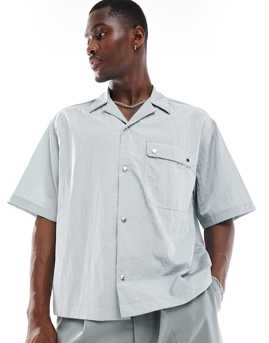 ASOS DESIGN short sleeve boxy oversized nylon revere collar shirt in grey