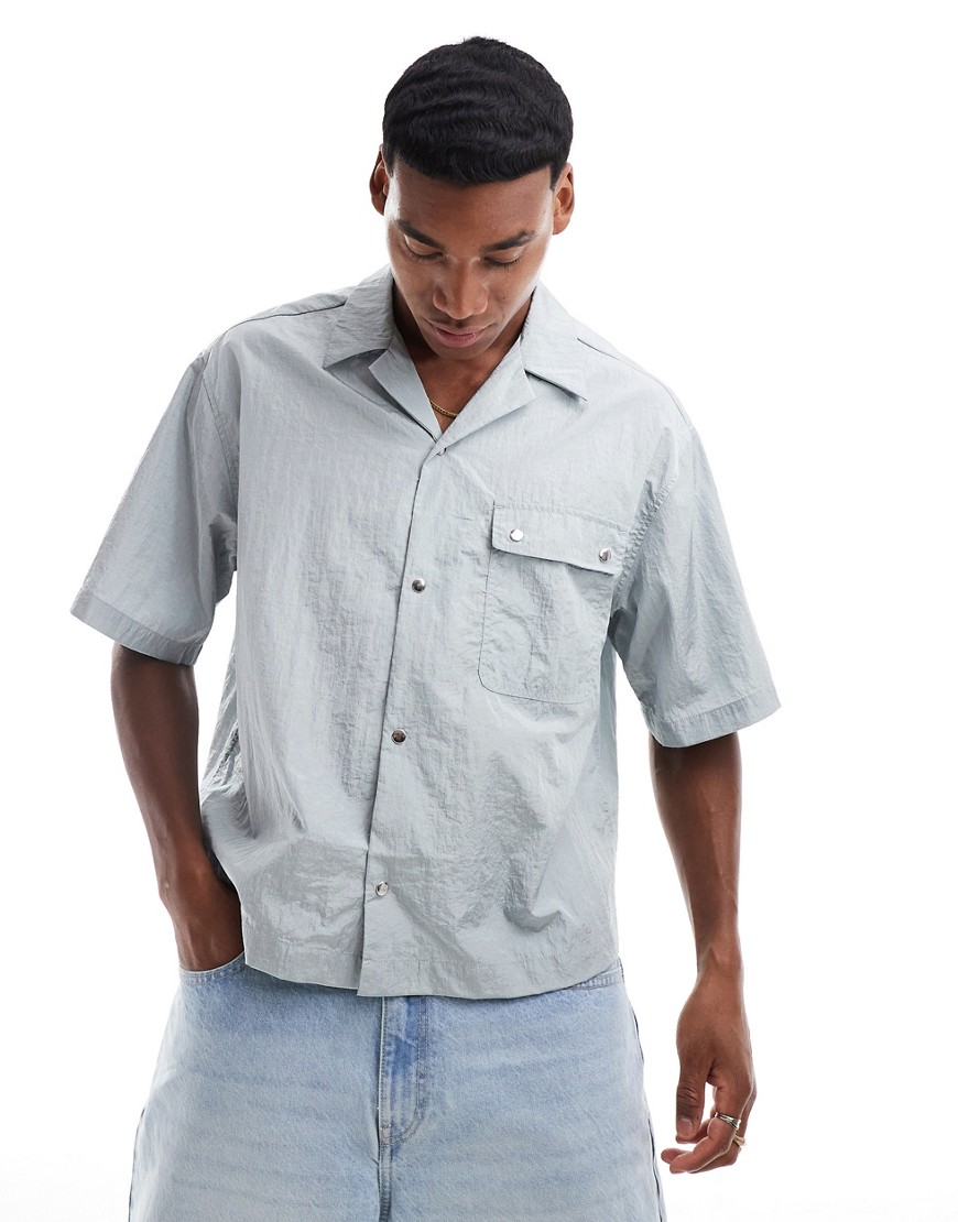 ASOS DESIGN short sleeve boxy oversized nylon revere collar shirt in grey