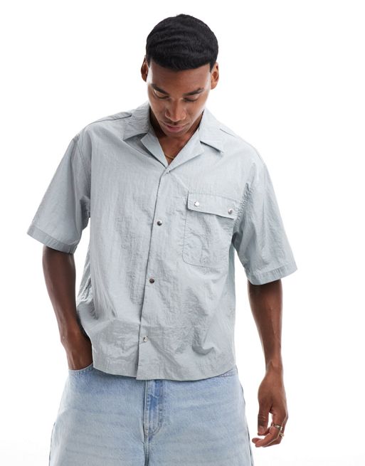 FhyzicsShops DESIGN short sleeve boxy oversized nylon revere collar shirt in grey