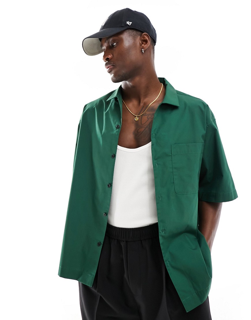 ASOS DESIGN short sleeve boxy oversized poplin shirt in dark green
