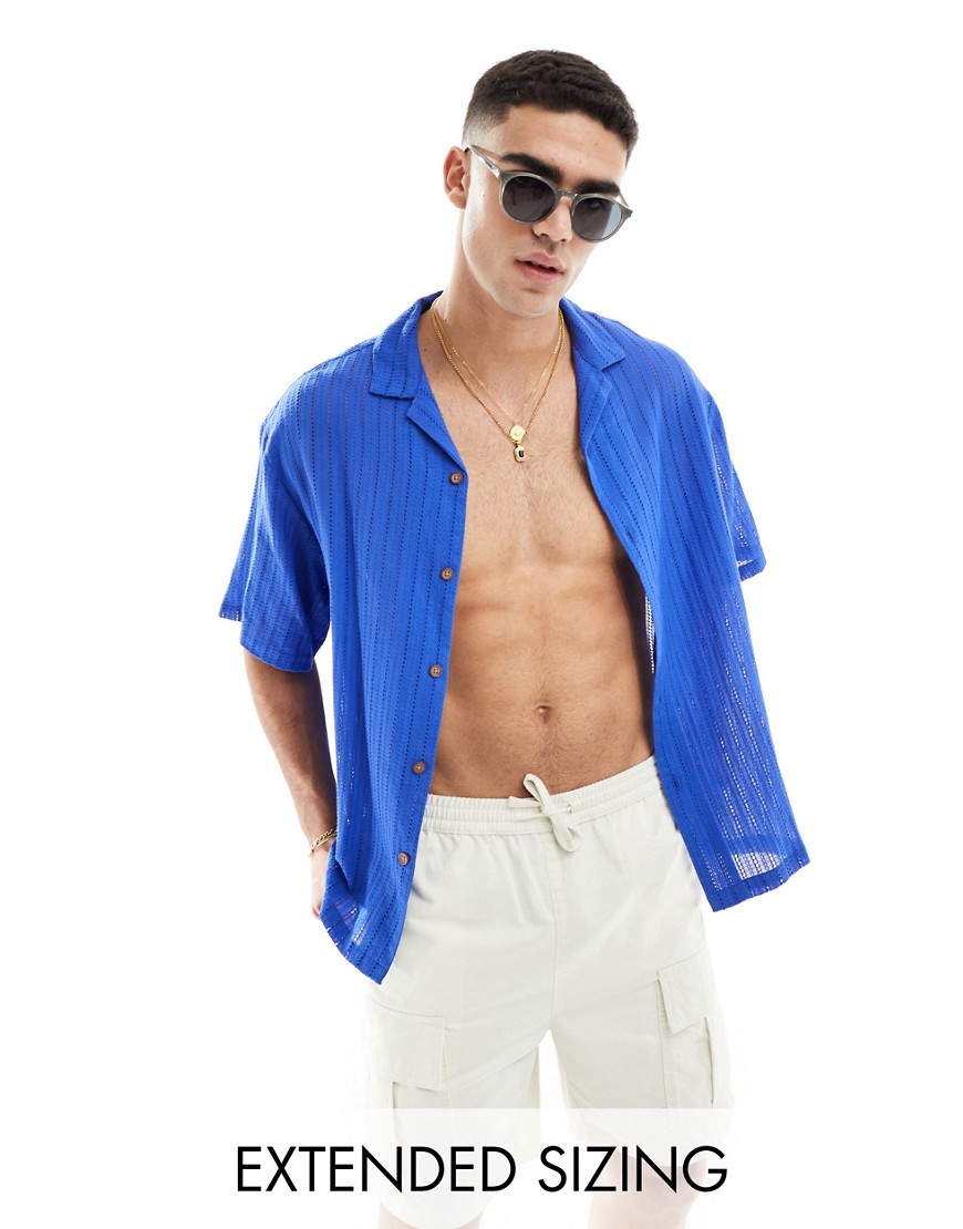 ASOS DESIGN short sleeve boxy oversized revere collar textured shirt in cobalt blue