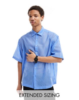 Asos Design Short Sleeve Boxy Oversized Sheer Gingham Shirt In Blue