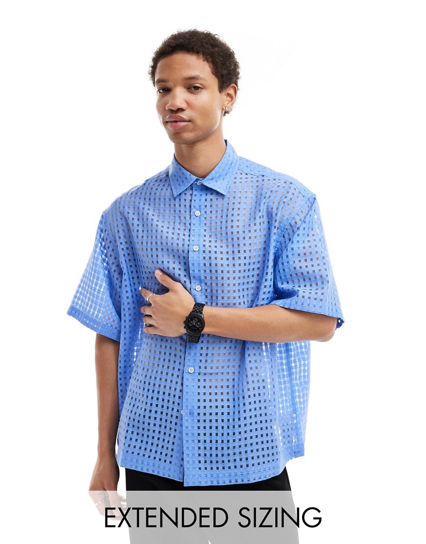 ASOS DESIGN short sleeve boxy oversized sheer gingham shirt in blue