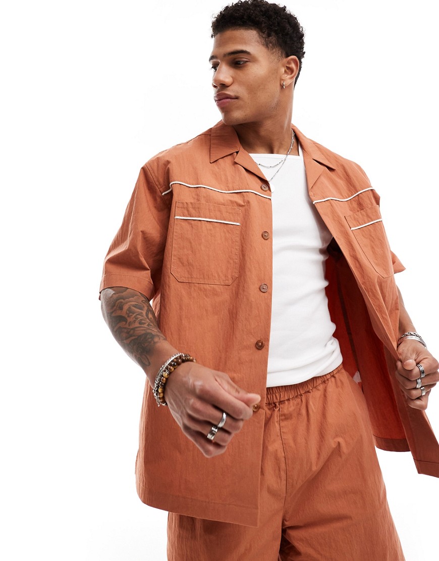Asos Design Short Sleeve Boxy Oversized Shirt With Piping In Rust - Part Of A Set-brown