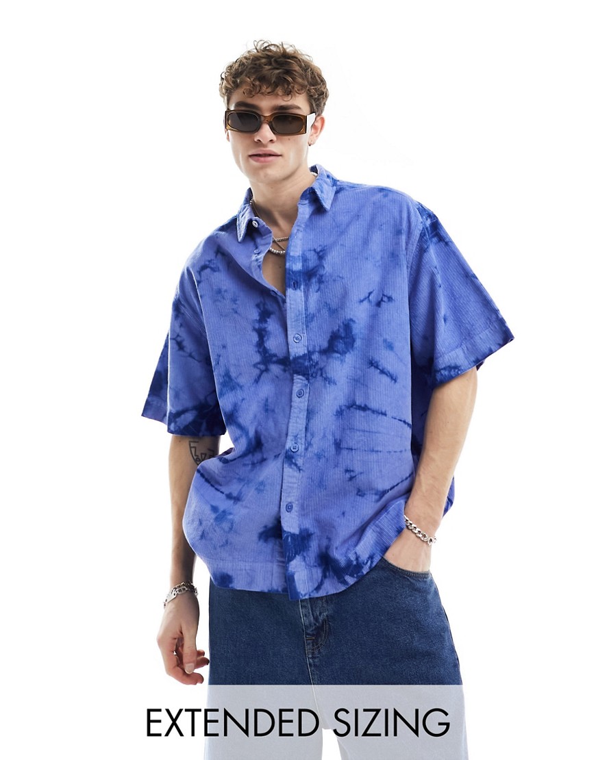 ASOS DESIGN short sleeve boxy oversized tie dye cord shirt in blue