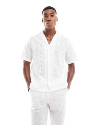 Asos Design Short Sleeve Boxy Relaxed Camp Collar Eyelet Shirt In White - Part Of A Set