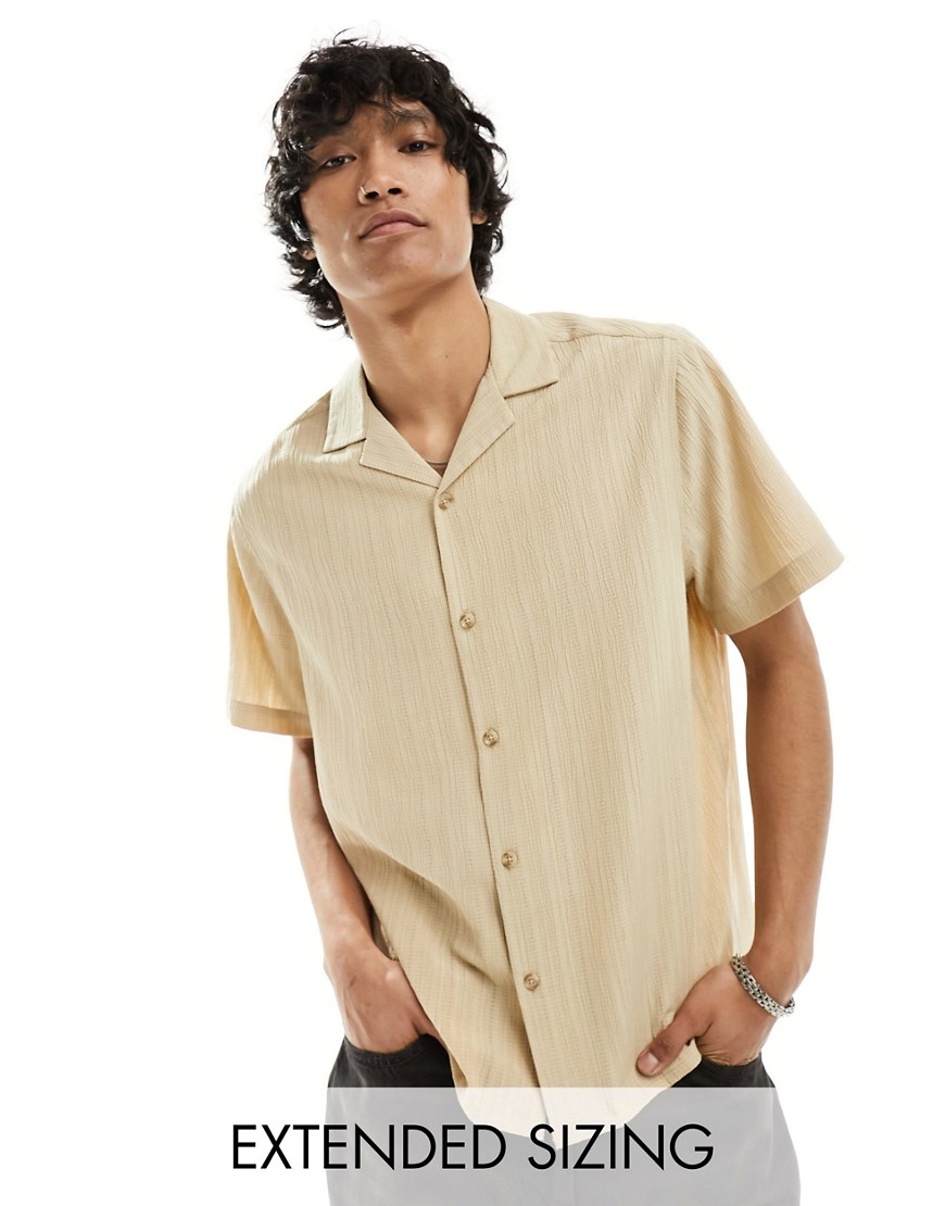ASOS DESIGN short sleeve boxy relaxed fit revere collar crinkle texture shirt in sand-Neutral