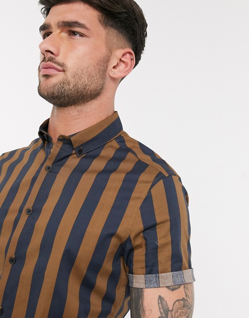 ASOS DESIGN short sleeve button down stretch slim shirt in brown stripe
