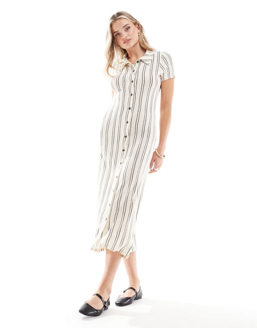 FhyzicsShops Draped short sleeve button through midi dress in white stripe