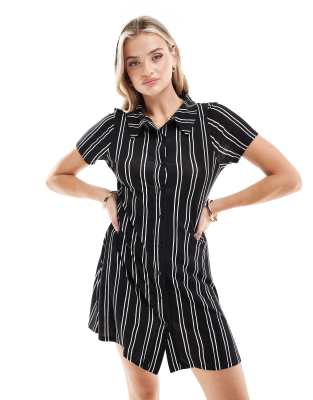 asos design short sleeve button through mini dress in black stripe